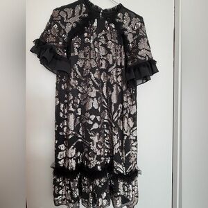 Needle & Thread Black Dress with Silver Sequin Floral Embroidery